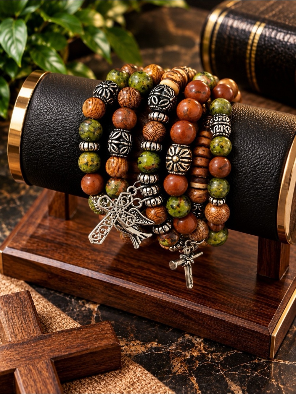 Green & Brown Beaded Cross Bracelet Set